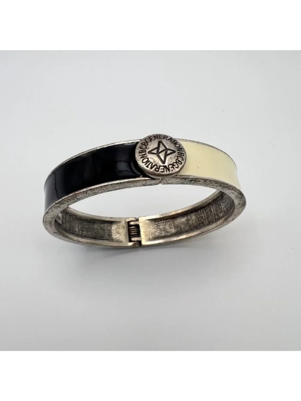 BCBGeneration Black Cream Enamel Hinged Bangle Bracelet 6.5